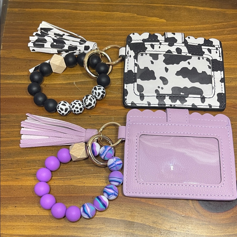 Cow Print and Purple Card Holders with Beaded Keychains